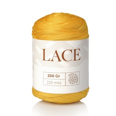 Novelo de fio amarelo com etiqueta LACE