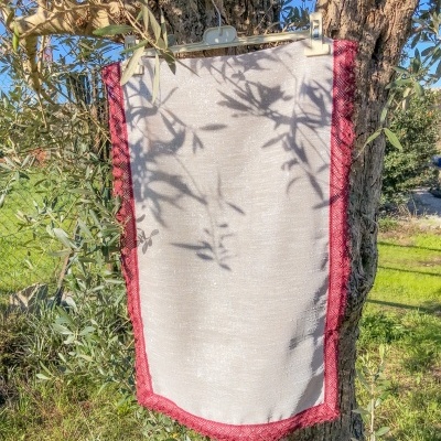 Toalha branca com borda vermelha pendurada em árvore ao ar livre