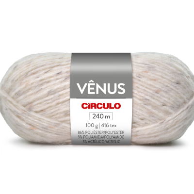 Novelo de lã beige com rótulo cinza e branco e texto VÊNUS CÍRCULO