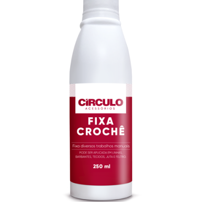 Frasco branco com rótulo vermelho e branco de produto fixa crochê da marca Círculo Acessórios