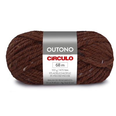 Novelo de lã castanho escuro com etiqueta branco-cinzenta