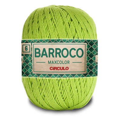 Novelo de fio verde-limão com etiqueta 'BARROCO MAXCOLOR CIRCULO' e número 6