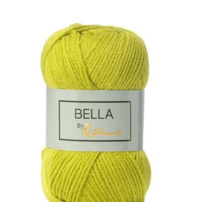 Novelo de lã amarelo com rótulo BELLA By Qlimol