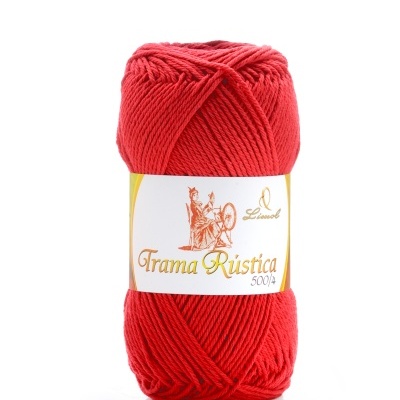 Novelo de lã vermelha com etiqueta Linacol Trama Rústica 500/4