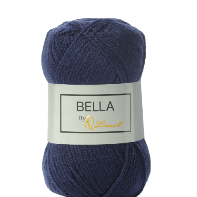 Novelo de lã azul escuro com etiqueta branca e texto 'BELLA By Limol'