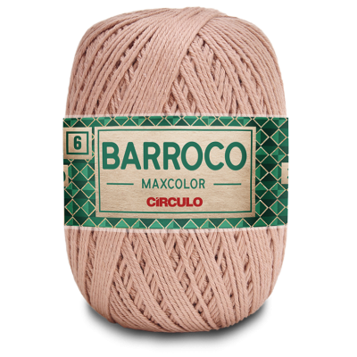 Novelo de fio algodão bege claro com etiqueta 'BARROCO MAXCOLOR CÍRCULO'