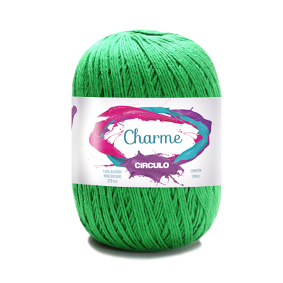 Novelo de linha verde para tricô ou croché com etiqueta branca e texto Charme Círculo