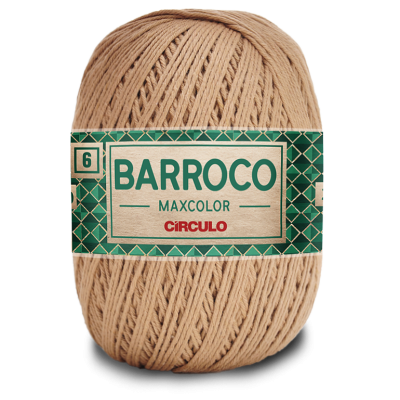 Novelo de fio bege com etiqueta verde e bege 'BARROCO MAXCOLOR CÍRCULO'