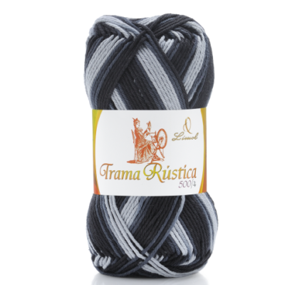 Novelo de fio Trama Rústica em tons de cinza e preto com etiqueta branca