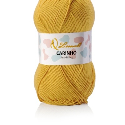 Novelo de lã amarelo com etiqueta 'Limol CARINHO Anti-Pilling'.