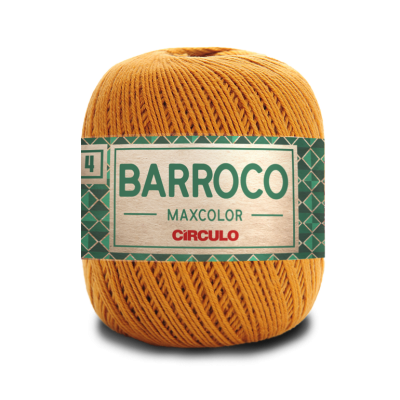 Novelo de fio laranja com etiqueta verde e branca 'BARROCO MAXCOLOR CÍRCULO'