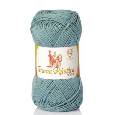 Novelo de fio azul-esverdeado com etiqueta Trama Rústica 500-4 da marca LIMOL