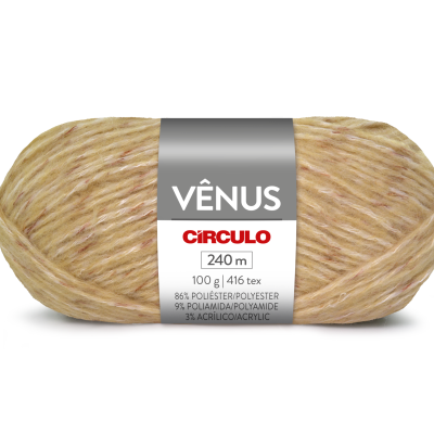 Novelo de fio de cor bege mesclado com rótulo cinza da marca Círculo