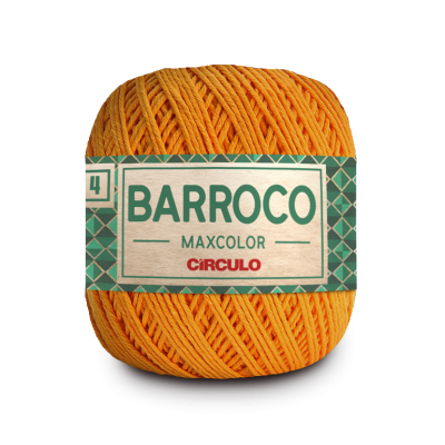 Novelo de fio laranja com etiqueta 'BARROCO MAXCOLOR CÍRCULO'