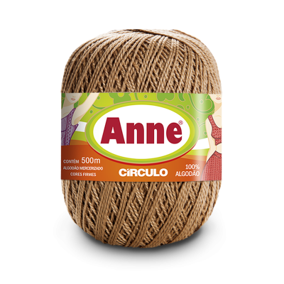 Novelo de fio castanho com rótulo ANNE em algodão.