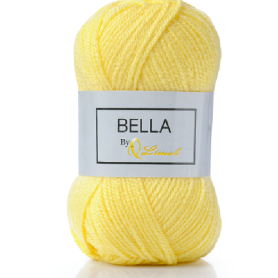 Ovillo de lã amarelo com etiqueta BELLA By Schmeel