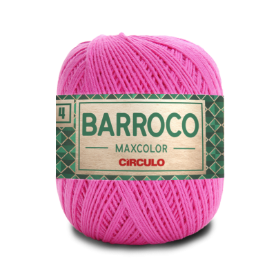 Novelo de linha cor-de-rosa Barroco Maxcolor Círculo com etiqueta verde e bege.