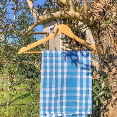 Toalha xadrez azul e branca pendurada num cabide de madeira numa árvore