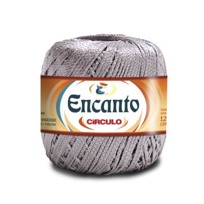 Novelo de fio prateado de viscose com rótulo Encanto Círculo