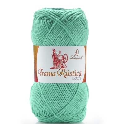 Novelo de lã verde água com etiqueta 'Trama Rústica 500/4' da Lincol