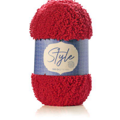 Rolo de fio vermelho felpudo com etiqueta azul 'Style' em fundo branco