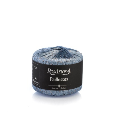 Rolo de fio azul com canutilhos e rótulo preto Rosários 4 Paillettes