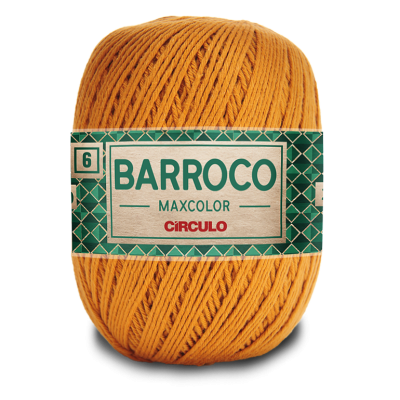 Novelo de linha laranja com rótulo verde e branco