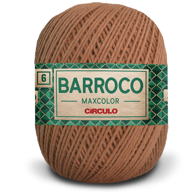 Novelo de fio castanho com rótulo verde e branco