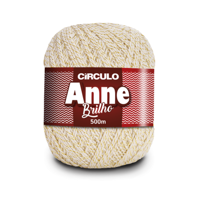 Bola de fio branco com trama dourada e etiqueta vermelha com texto