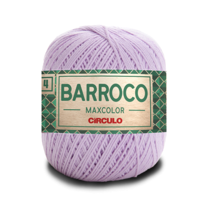 Novelo de fio lilás claro com etiqueta verde e dourada com texto