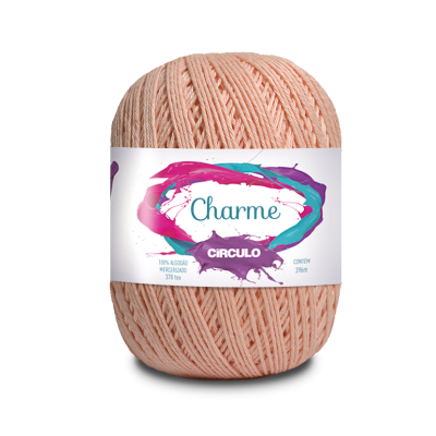 Novelo de linha de algodão mercerizado cor salmão com etiqueta Charme Círculo.