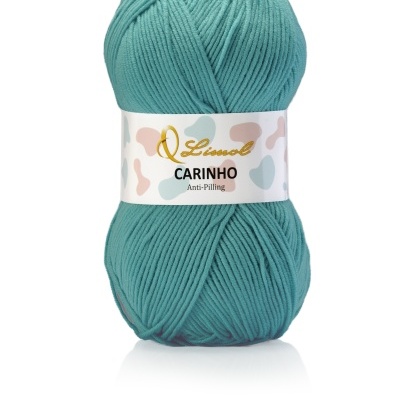 Novelo de lã azul-petróleo com rótulo branco e texto