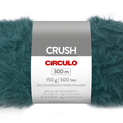 Novelo de fio felpudo azul petróleo CRUSH Círculo com etiqueta e informações técnicas