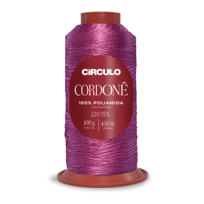 Cone de fio Círculo Cordonê rosa metálico com rótulo vermelho