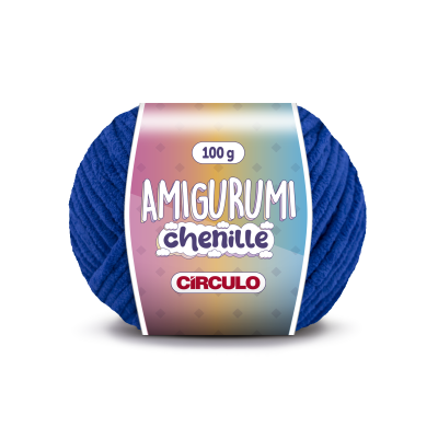 Novelo de lã azul com rótulo colorido e texto Amigurumi chenille Círculo