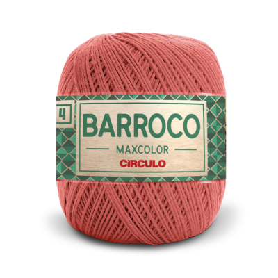 Novelo de fio coral com rótulo 'BARROCO MAXCOLOR CÍRCULO'