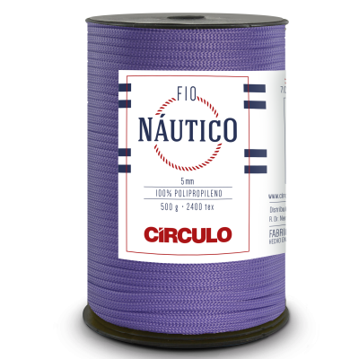 Rolo de fio náutico roxo com etiqueta branca e texto em azul e vermelho