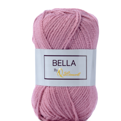 Novelo de lã rosa com etiqueta branca e texto preto e dourado