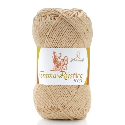Novelo de lã bege com etiqueta Trama Rústica 500/4 e marca Litoral.