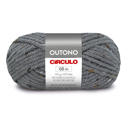 Novelo de lã cinzenta com fios castanhos e pretos e etiqueta da marca CÍRCULO