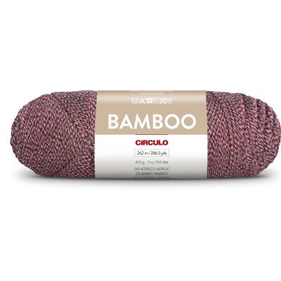 Novelo de fio de cor vinho com etiqueta branca e texto BAMBOO CIRCULO