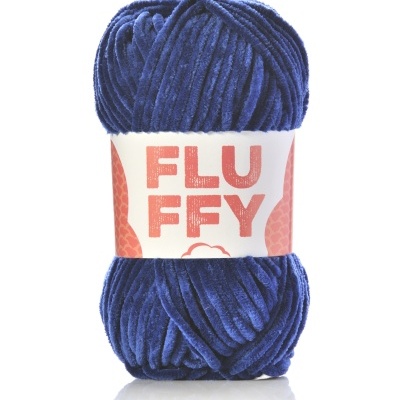 Novelo de lã azul felpuda com etiqueta FLUFFY