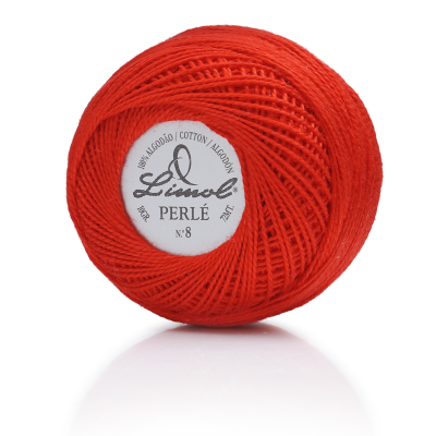Novelo de linha de algodão vermelho Limol Perlé N.º 8 com etiqueta central branca