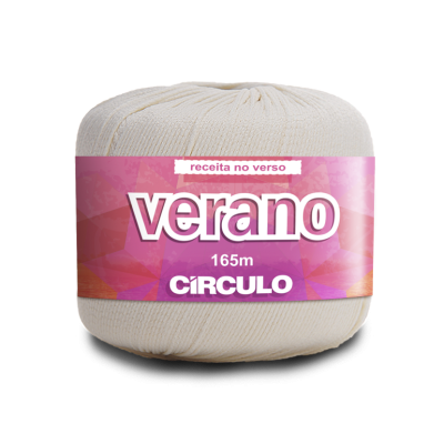 Novelo de fio bege com etiqueta rosa e texto Verano 165m CIRCULO