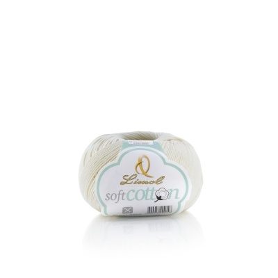 Novelo de fio algodão branco com rótulo Lincool soft cotton