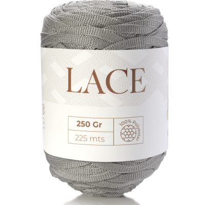 Novelo de fio cinzento com etiqueta branca indicando LACE, peso e comprimento.