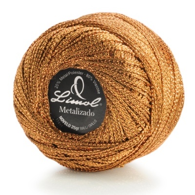 Novelo de linha metalizada dourada Limol com etiqueta preta