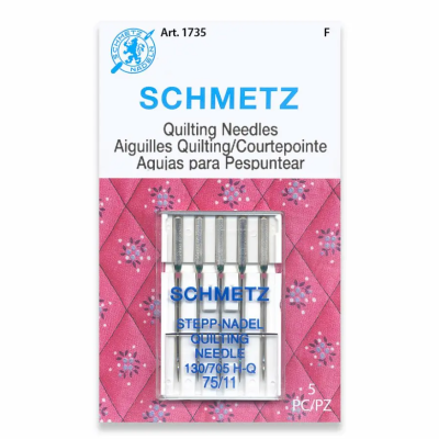 Pacote de agulhas SCHMETZ para quilting com fundo rosa e padrão floral.