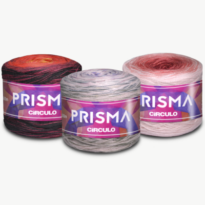 três novelos de fio de lã PRISMA CÍRCULO em tons vermelhos, cinza e rosa