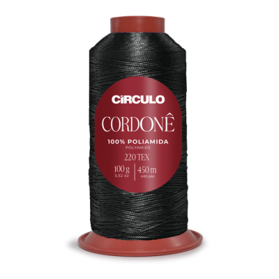 Cone de linha preta Círculo Cordonê com etiqueta vermelha e base plástica